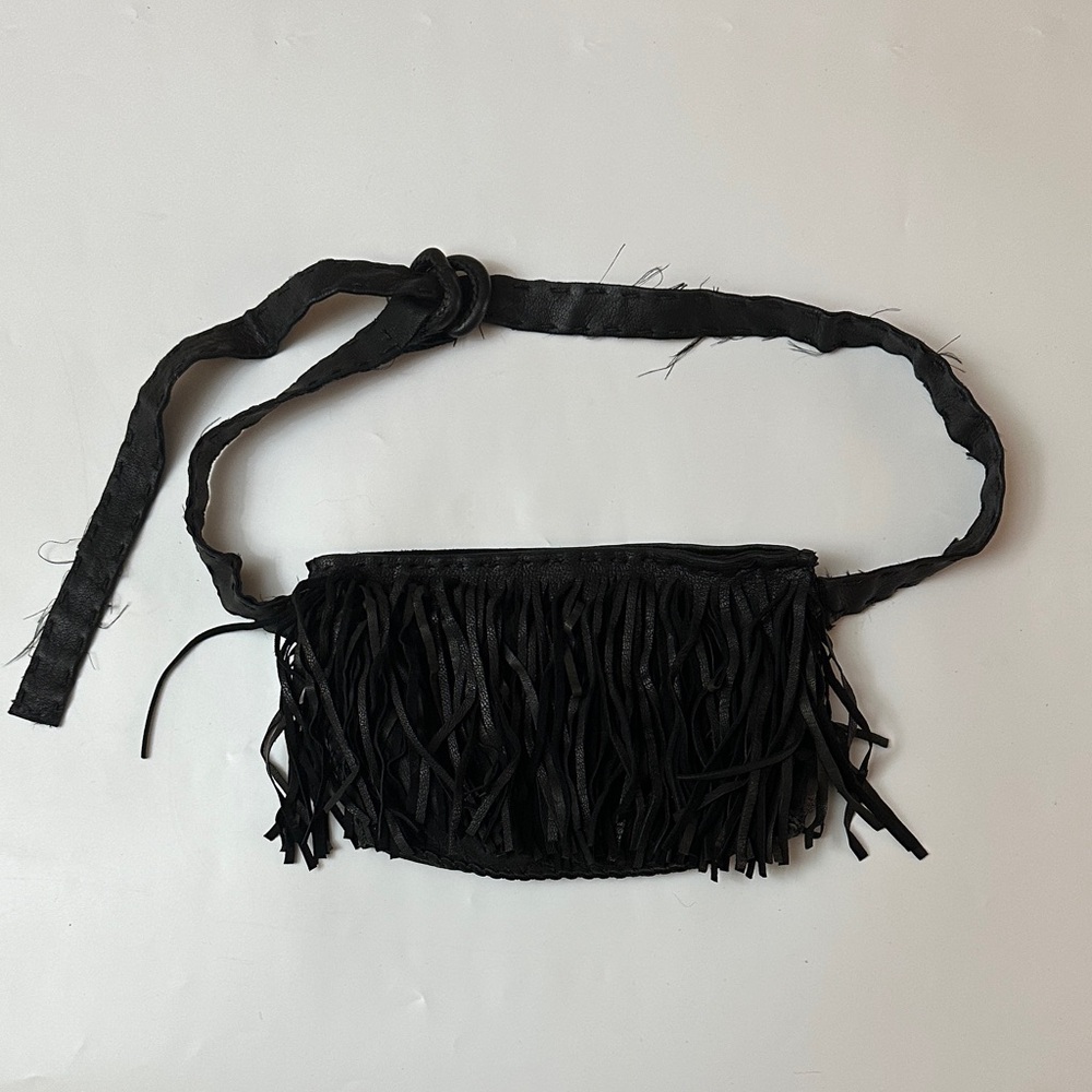 Black leather Fringe Belt Bag - Women